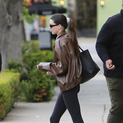 Veste Moto en Cuir Marron Vintage