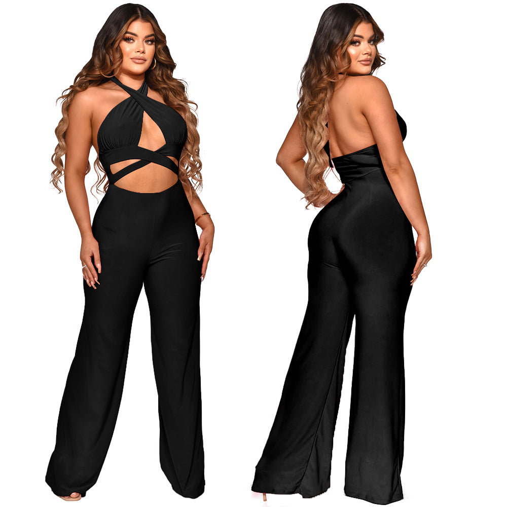 Halter Neck Sleeveless Jumpsuit Solid Color Wide Leg Pants