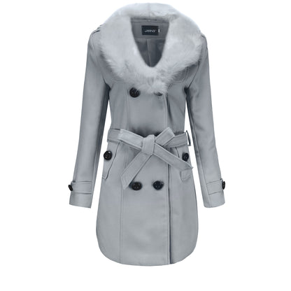 Trench Coat en Laine Mi-Longue avec Fourrure pour Femme