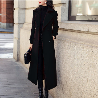 Trench Coat Long en Laine pour Femme avec Col Revers