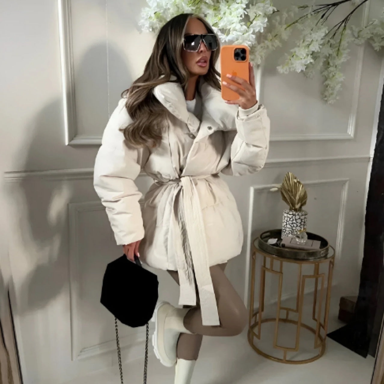 Veste d’Hiver Élégante à Col Revers avec Ceinture