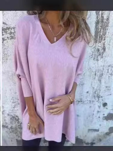 Pull Long Col V Loose Femme