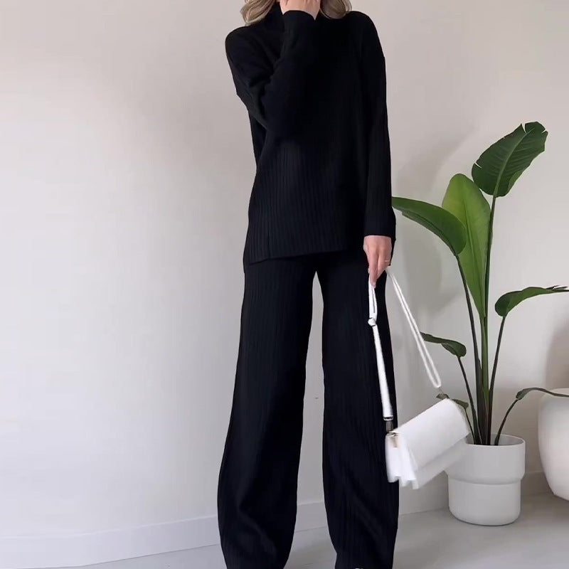Ensemble Tricoté Élégant à Col Roulé et Pantalon Droit