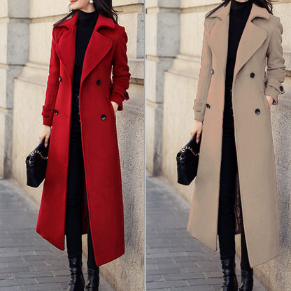 Trench Coat Long en Laine pour Femme avec Col Revers