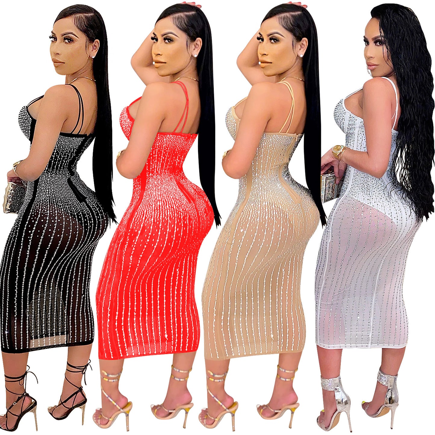 Robe Transparente à Bretelles avec Strass