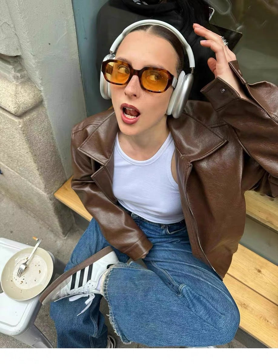 Veste Moto en Cuir Marron Vintage