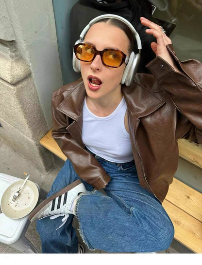 Veste Moto en Cuir Marron Vintage