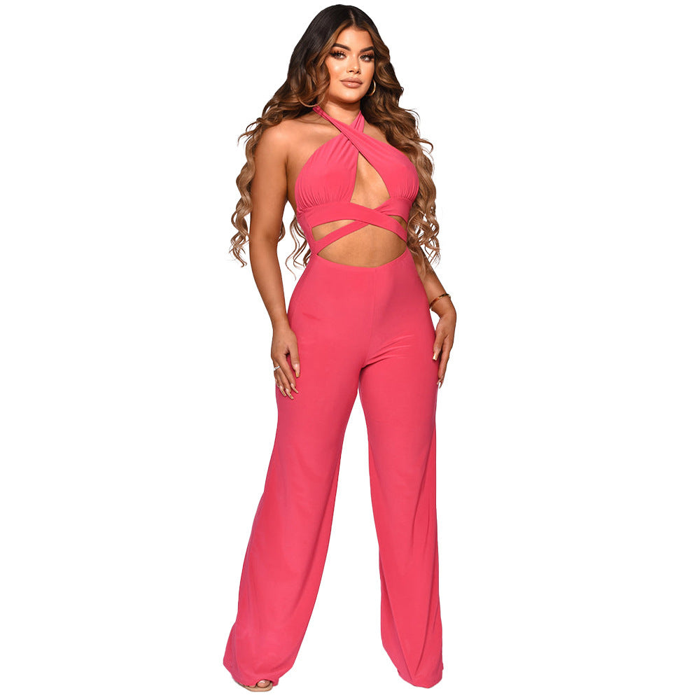 Halter Neck Sleeveless Jumpsuit Solid Color Wide Leg Pants