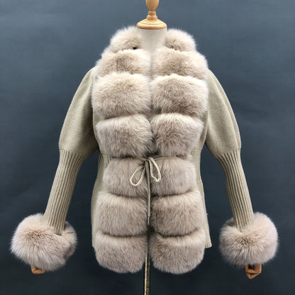 Cardigan Femme Tricoté avec Manchette en Fourrure