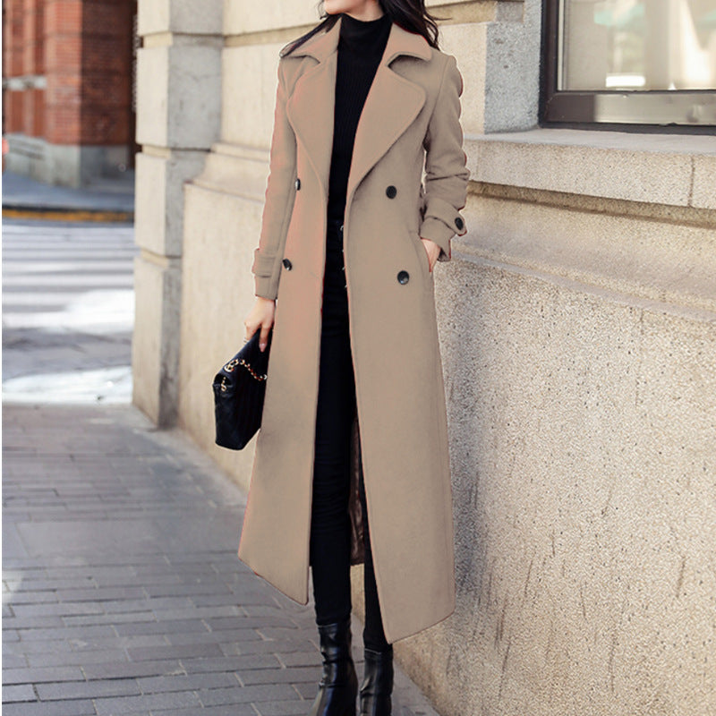 Trench Coat Long en Laine pour Femme avec Col Revers