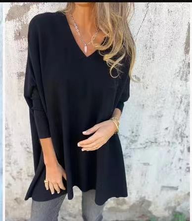 Pull Long Col V Loose Femme
