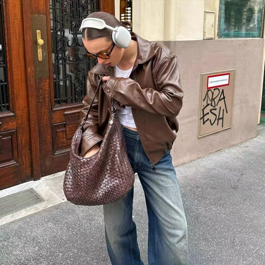 Veste Moto en Cuir Marron Vintage